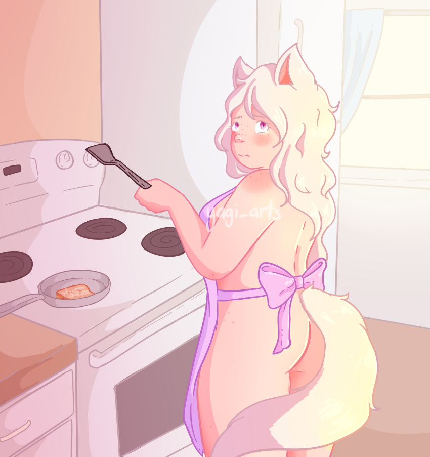 1girls accalia_(@yagi_arts) apron apron_only ass blush bread butt_crack chubby chubby_female cooking freckles kitchen looking_back oven purple_apron purple_eyes refrigerator spatula stove thick_thighs thighs white_hair white_skin window wolf_ears wolf_tail yagi_arts