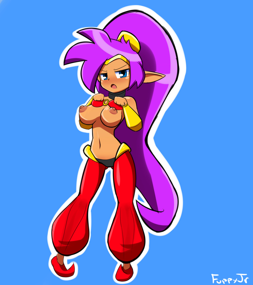 1girls armwear big_breasts blue_eyes blush bra_lift breasts choker dark-skinned_female dark_skin female female_only fuppy-jr long_hair looking_at_viewer pants perky_breasts pointy_ears ponytail purple_hair see-through_clothing shantae shantae_(character) shoes smooth_skin solo solo_female wayforward