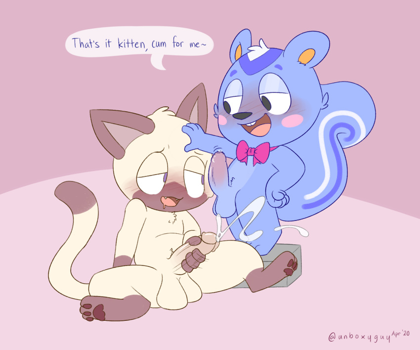 animal_crossing blush bodily_fluids cum digital_media_(artwork) domestic_cat duo ejaculation felid feline felis filbert_(animal_crossing) genital_fluids hi_res male male/male mammal masturbation nintendo nude nutty_bo original_character video_games