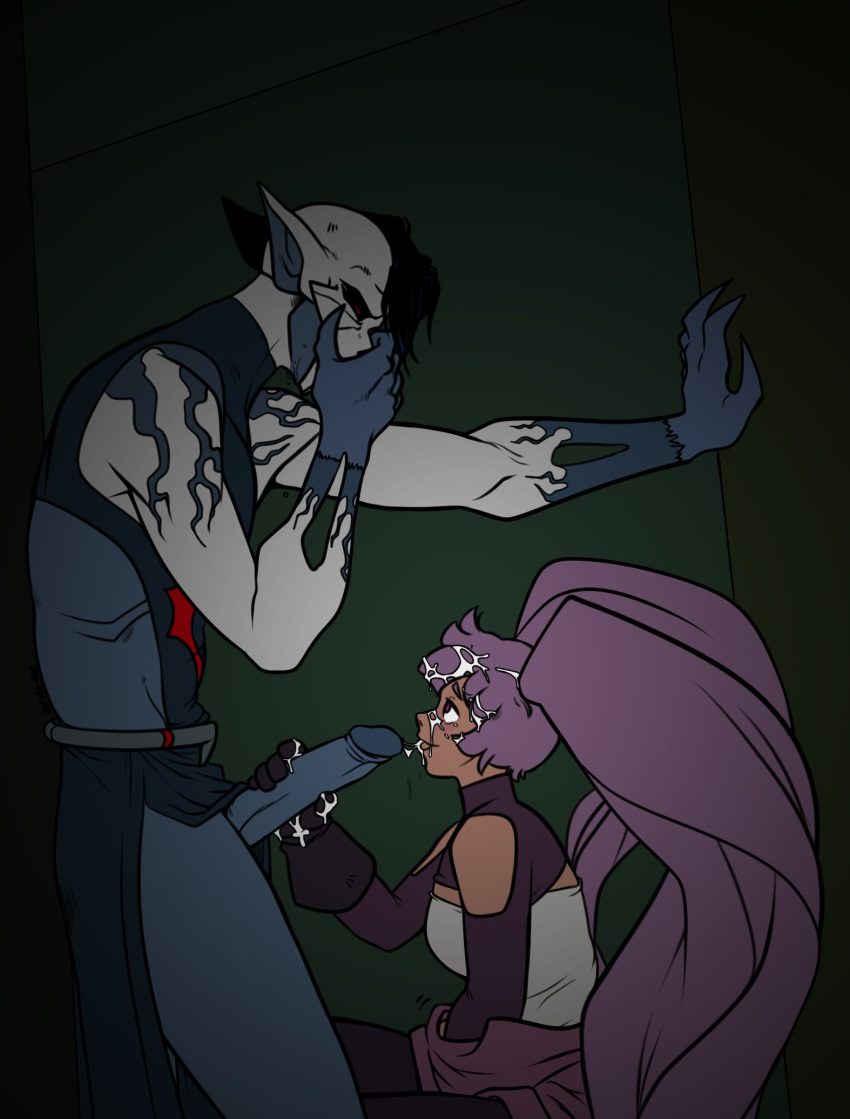 color cum cum_on_face dark-skinned_female entrapta hand_over_mouth handjob hordak horde_symbol_(she-ra) interspecies monster_boy penis purple_hair she-ra_and_the_princesses_of_power smuttyzawaro straight tagme