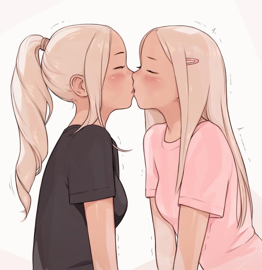 2girls adara_(zero_one) blonde_hair blushing clothed eyes_closed female female_only hairclip i0525 kissing nuri_(zero_one) original ponytail tagme tan_skin twins yuri