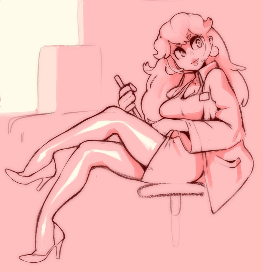 1girls breasts clothed clothing combos-n-doodles dr._mario_(series) dr._peach female female_only full_body heels high_heels labcoat long_hair mario_(series) monochrome nintendo pink pink_lips pink_theme princess_peach shoes simple_background sitting sketch solo uncolored