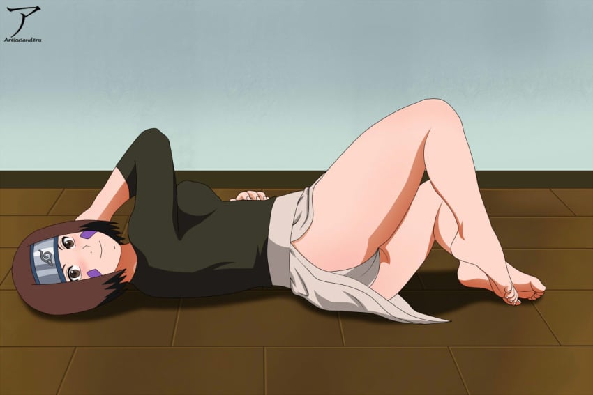 1girls arekusanderu ass barefoot blush brown_eyes brown_hair clothing facial_markings feet female female_only foot_focus forehead_protector long_sleeves looking_at_viewer lying naruto naruto_(series) naruto_shippuden nohara_rin on_floor panties shirt skirt smile soles solo solo_female thick_thighs toes