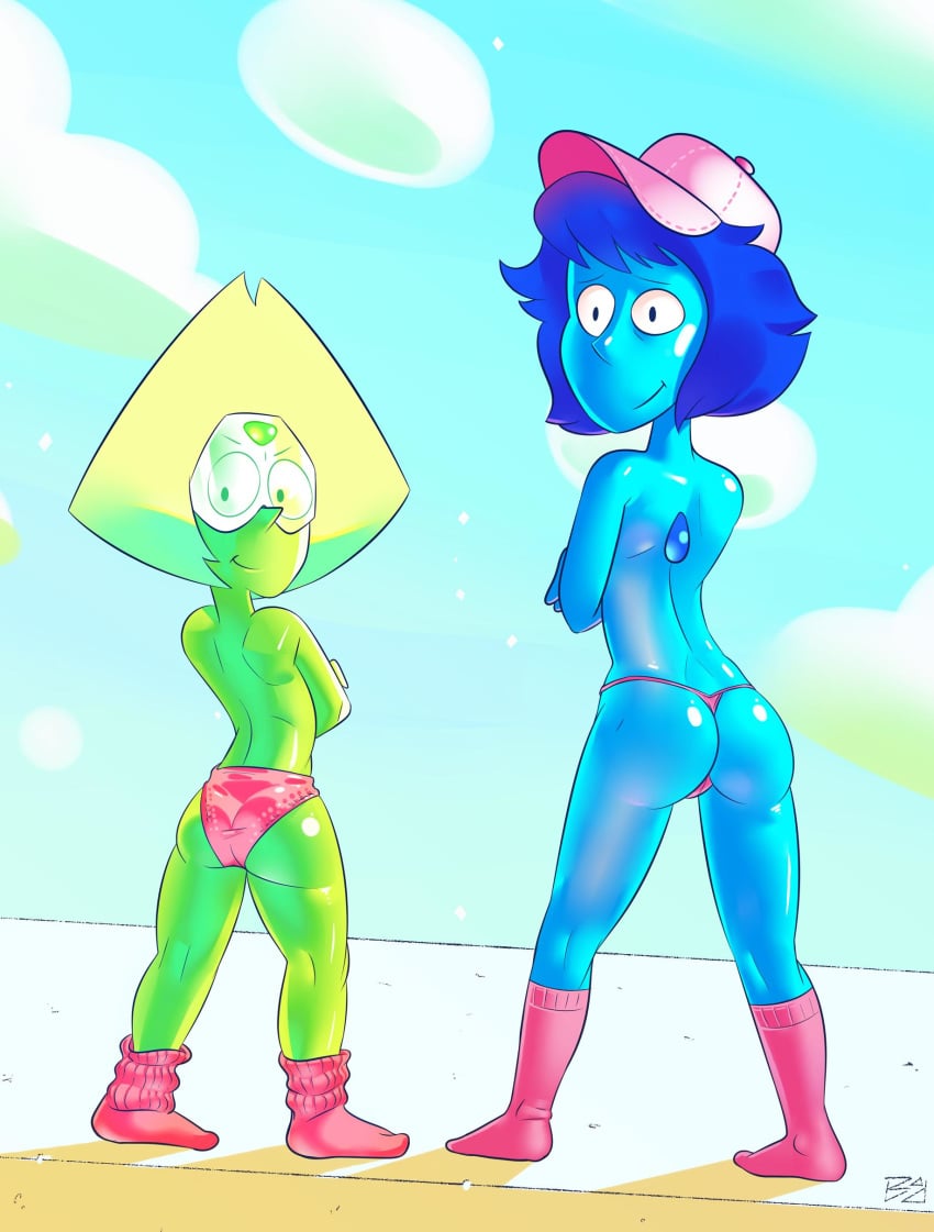 2girls alien alien_girl alien_humanoid ass badrainbow blue_hair blue_skin cap cartoon_network female female_only gem_(species) green_skin lapis_lazuli_(steven_universe) multiple_girls panties partially_nude peridot_(steven_universe) smaller_female socks steven_universe tagme tanga yellow_hair