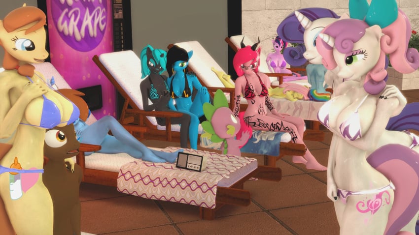 2boys 3d bikini breasts button_mash_(mlp) cream_heart_(mlp) fluttershy_(mlp) friendship_is_magic furry indigosfm large_ass large_breasts my_little_pony pool_party rainbow_dash_(mlp) rarity_(mlp) spike_(mlp) straight_hair sweetie_belle_(mlp) thong twilight_sparkle_(mlp)