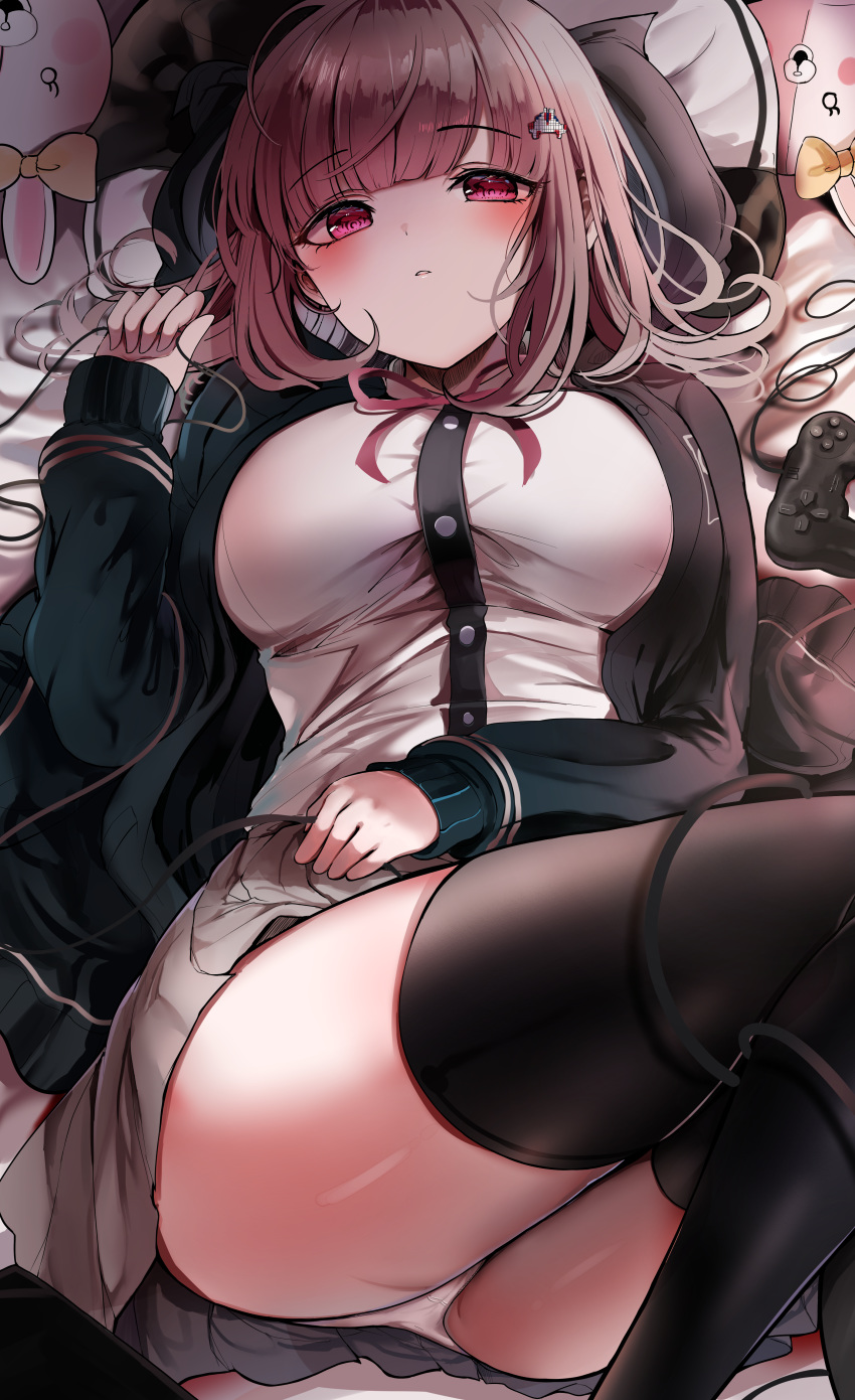 bag black_legwear blush clothed danganronpa danganronpa_2:_goodbye_despair embarrassed eyebrows_visible_through_hair female grey_hair hair hair_ornament hairclip highres hoodie large_breasts looking_at_viewer lying nanami_chiaki panties pink_eyes ribbon sak sak_(lemondisk) shirt short_hair skirt straight_hair thick_thighs uniform white_panties wire