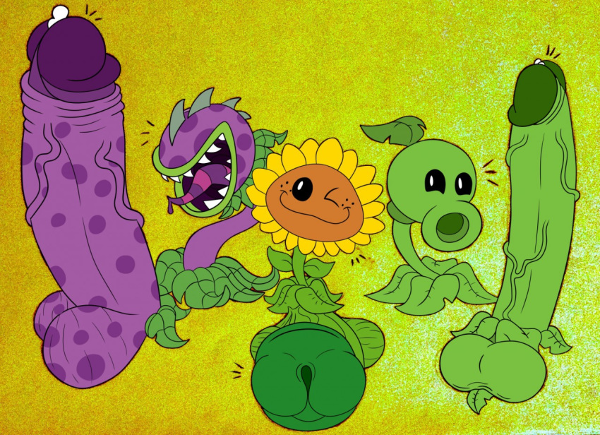 3boys balls cheeky chomper_(pvz) digital_media_(artwork) erection flower gay gigaboy hyper hyper_balls hyper_genitalia hyper_penis looking_at_viewer male_only peashooter_(pvz) penis plant plants_vs_zombies precum presenting_penis smiling spots sunflower sunflower_(pvz) uncut wink wolfindex