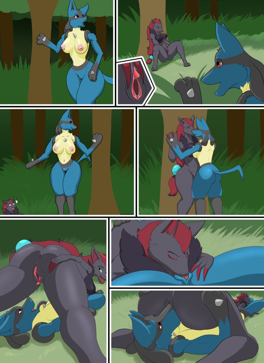 2girls 69 69_position anthro anthro_on_anthro big_breasts big_clit blue_fur cunnilingus furry grey_fur humanoid_genitalia kissing lucario masturbation pokemon pokemon_(species) pussy sexfight sexual_competition unusualmatias yuri zoroark