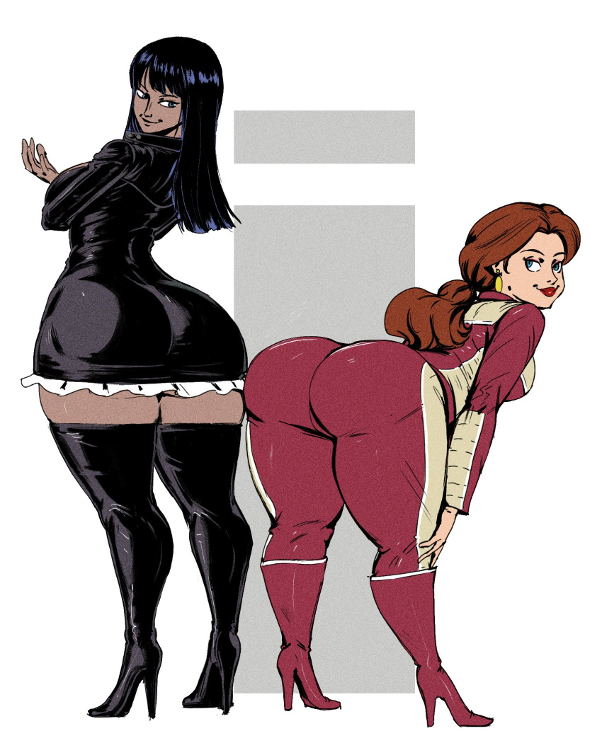 2d 2girls ass big_ass black_dress black_thighhighs bottom_heavy crossover fat_ass female female_only fully_clothed heel_boots heels huge_ass human leather_minidress looking_back mario_(series) mario_kart mature_female nico_robin nintendo no_penetration no_sex one_piece pauline pauline_(mario) pre-timeskip redblacktac tagme thick_thighs thigh_boots thighhighs toei_animation water_7