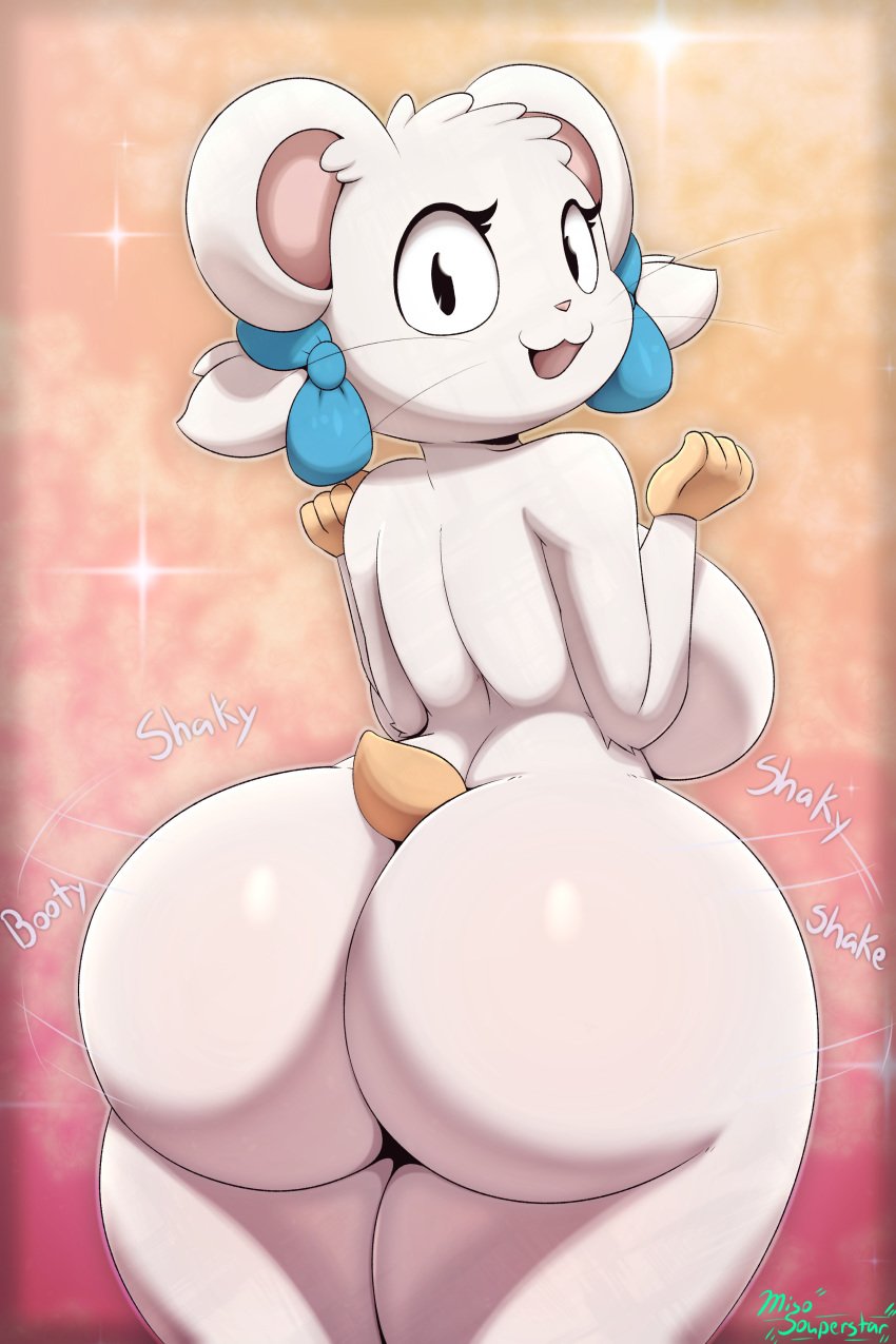 1girls anthro ass_bigger_than_head ass_shake big_ass big_breasts big_butt bijou curvaceous curvy curvy_figure double_backboob fat_ass hamster hamtaro_(series) hourglass_figure huge_ass looking_back looking_back_at_viewer miso_souperstar ribbons rodent shaking_butt smiling sparkles stubby_tail thick_thighs white_fur