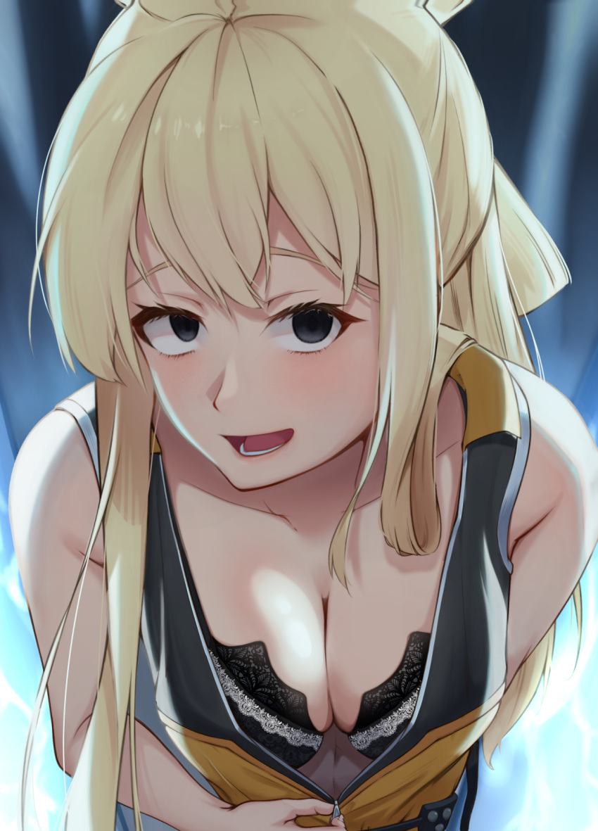 1girls black_eyes blonde_hair bodysuit bra breast_focus breast_squeeze breasts breasts_squeezed_together clothed_female clothing_aside female_focus go!_go!_loser_ranger! long_hair ranger_reject risky1249 sentai_daishikkaku slight_blush suzukiri_yumeko underwear undressing unzipped_bodysuit unzipping yellow_hair