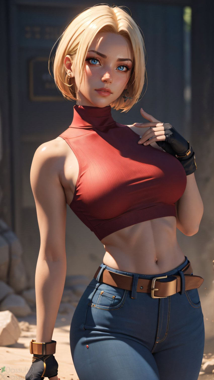 0assult0 1girls ai_generated belt blonde_hair blue_eyes blue_mary female gloves jeans king_of_fighters looking_at_viewer red_tank_top short_hair tank_top