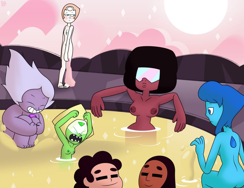 1boy 6+girls afro amethyst_(steven_universe) ass bath bathing breasts cartoon_network casual casual_nudity closed_eyes connie_maheswaran dark-skinned_female dark_skin diving eggrobotman embarrassed eyes_closed female garnet_(steven_universe) gem_(species) gem_fusion group hot_spring human lapis_lazuli_(steven_universe) large_breasts long_hair male mixed_bathing multiple_girls nipples nonsexual_nudity nude onsen pale_skin partially_submerged pearl_(steven_universe) peridot_(steven_universe) short_hair small_breasts steven_quartz_universe steven_universe sunglasses towel water wholesome