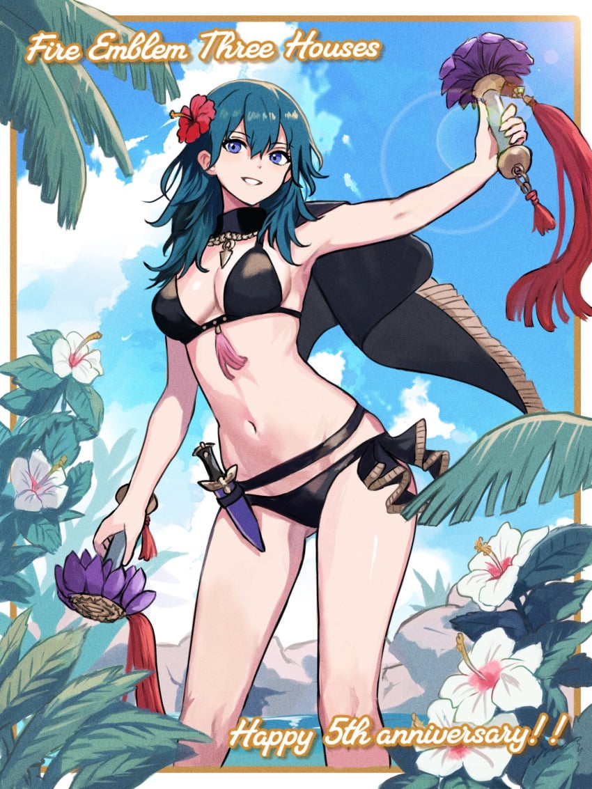 1girls alternate_costume anniversary bikini black_bikini black_swimsuit blue_eyes blue_hair breasts byleth_(female)_(fire_emblem) byleth_(female)_(summer)_(fire_emblem) byleth_(fire_emblem) byleth_(fire_emblem)_(female) byleth_(summer)_(fire_emblem)_(female) cleavage copyright_name dagger female female_only fire_emblem fire_emblem:_three_houses fire_emblem_heroes flower hair_between_eyes hair_flower hair_ornament happy_anniversary hibiscus high_res highres knife looking_at_viewer navel nintendo official_alternate_costume smile solo swimsuit teal_hair weapon yuurururun