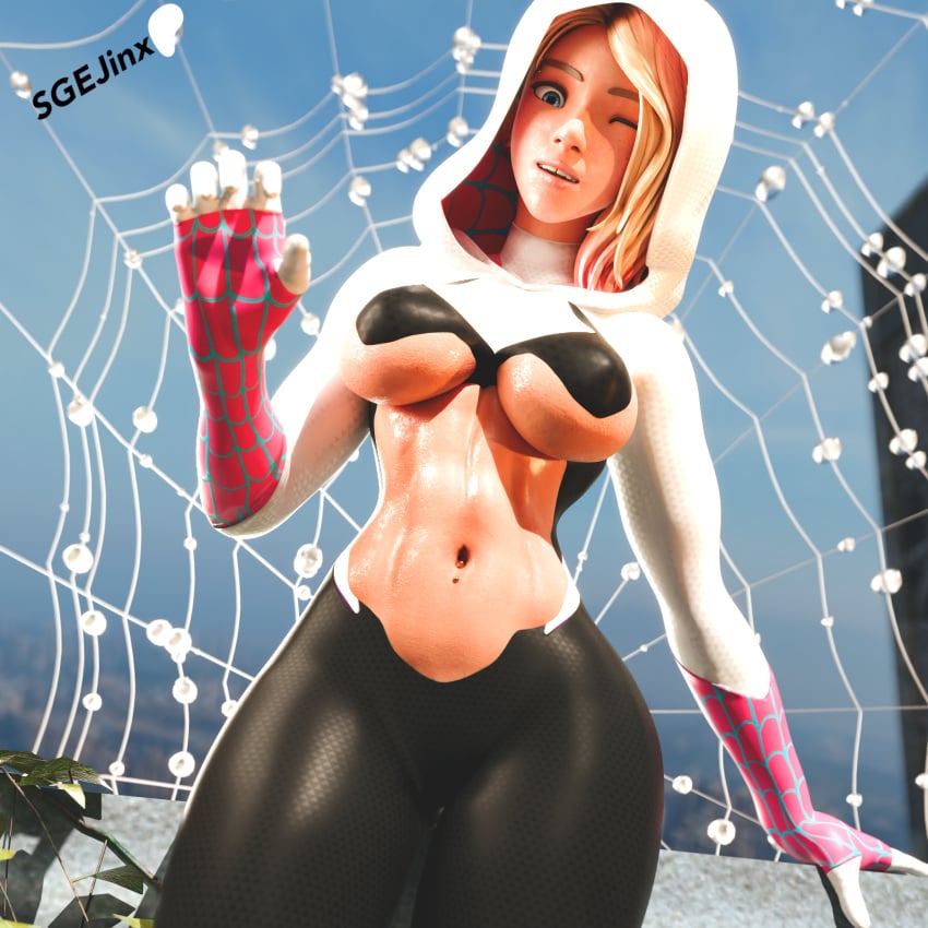 1girls 3d athletic_female background belly belly_button blender blender_cycles blonde_hair bloom blurred_background bodysuit building buildings city city_background costume day depth_of_field female female_only full_color gwen_stacy gwen_stacy_(spider-verse) hoodie ivy_(plant) ledge light-skinned_female light_skin lighting marvel marvel_comics multicolored_hair muscles navel navel_piercing no_penetration patreon_logo patreon_username piercings sgejinx_(artist) smile solo solo_female spider-gwen spider-man spider-man:_across_the_spider-verse spider-man:_into_the_spider-verse spider-man_(series) spider_girl spider_web teeth teeth_showing toned twitter_username underboob web wink winking winking_at_viewer