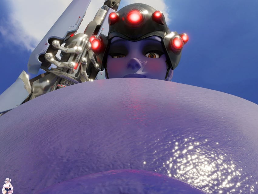 1girls 3d 3d_(artwork) big_breasts blizzard_entertainment breasts extreme_size_difference female female_focus female_only giantess gigantic_breasts gun huge_breasts larger_female lazza_(artist) looking_at_viewer loving_gaze loving_look lustful_gaze macro macro_female micro_pov naked naked_female nude nude_female nudity overwatch overwatch_2 pov purple_skin purple_skinned_female solo solo_female solo_focus video_game_character weapon