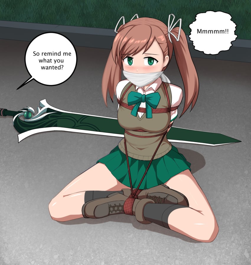 1girls arms_tied_behind_back blush bondage bound_ankles brown_hair english_text gag gagged gagged_speech green_eyes legs_crossed looking_at_viewer nanase_(under_night_in-birth) over_the_mouth_gag under_night_in-birth unseen_character weapon_on_ground