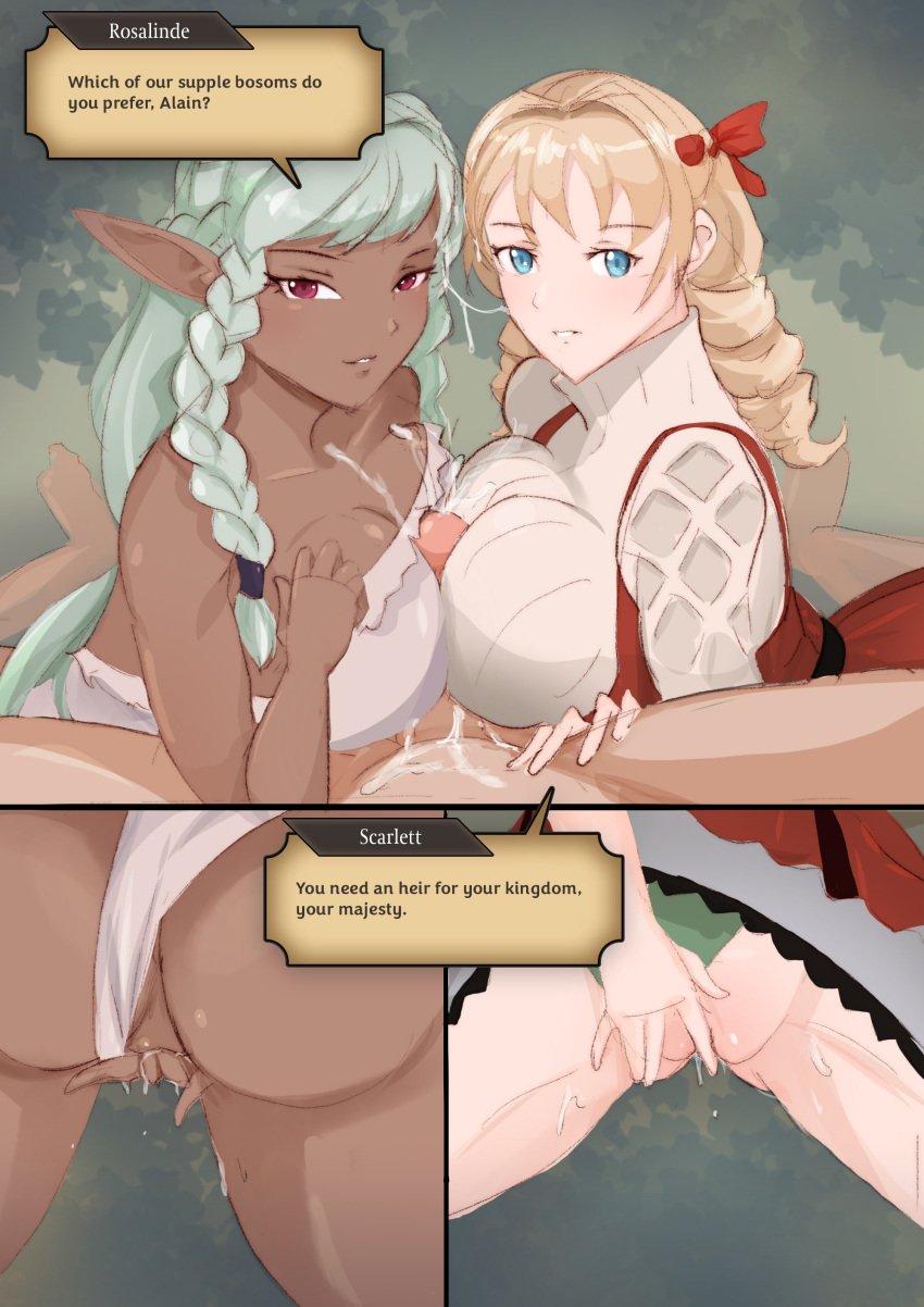 1boy 2girls 9_9bird absurd_res alain_(unicorn_overlord) blonde_hair braid chocolate_and_vanilla clothed clothed_female_nude_male clothing collaborative_paizuri collarbone cooperative_paizuri cum cum_on_upper_body dark-skinned_female dark_elf dark_skin double_paizuri elf elf_ears english_text female_masturbation ffm_threesome grey_hair highres large_breasts light-skinned_female light-skinned_male light_skin looking_at_viewer male_pov masturbation paizuri paizuri_over_clothes penis penis_between_breasts pov red_eyes rosalinde_(unicorn_overlord) scarlett_(unicorn_overlord) text threesome unicorn_overlord