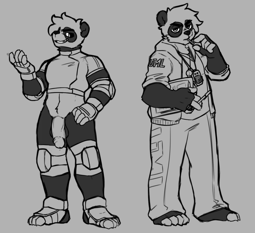 clothing coach genitals giant_panda gloves handwear hi_res hijackerdraws hijackerdraws_(artist) hiji male male_only mammal monochrome penis solo ultimate_mating_league uniform ursid