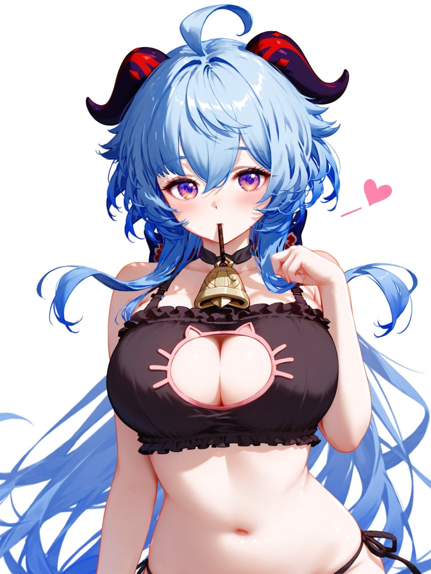 absurd_res ahoge ai_generated bangs bare_shoulders bell black_bra black_panties blue_hair blush bra breasts cat_cutout cat_lingerie choker cleavage cleavage_cutout clothing_cutout female food frilled_bra frills ganyu_(genshin_impact) genshin_impact heart horns large_breasts long_hair looking_at_viewer meme_attire ministro mouth_hold navel neck_bell panties pocky pocky_day purple_eyes side-tie_panties simple_background solo stomach underwear underwear_only white_background