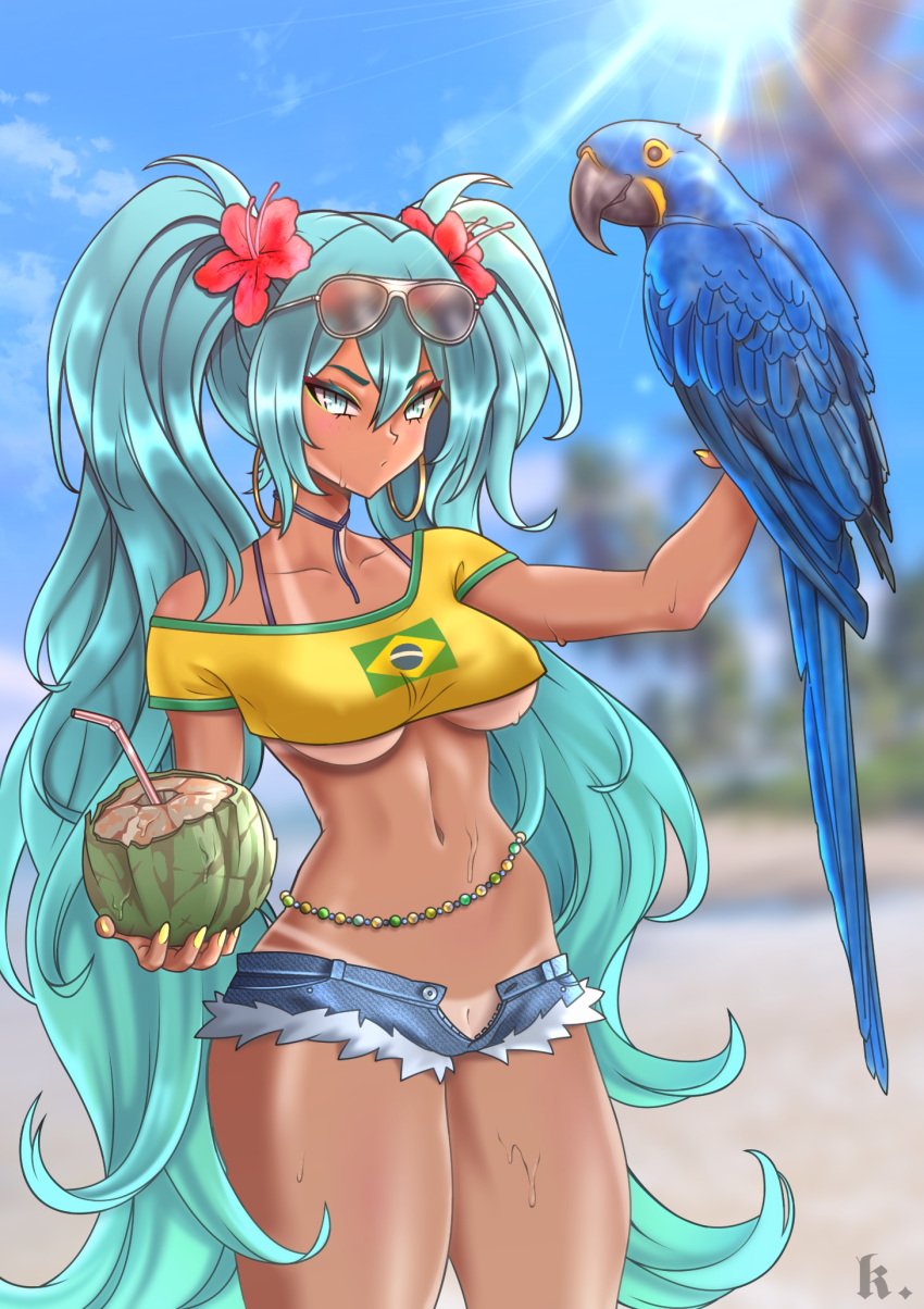 1girls artist_request beach big_ass big_thighs bikini bird blue_eyes blue_hair brazil brazilian brazilian_female brazilian_flag brazilian_flag_bikini brazilian_miku hatsune_miku tanline tanned vocaloid