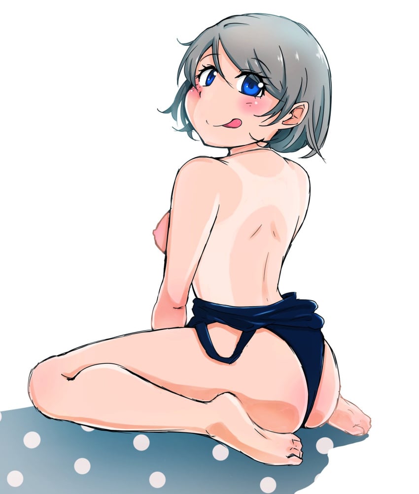 ass bare_shoulders barefoot blue_eyes blush breasts brown_hair feet female highres igarashi_kyouhei large_breasts legs love_live! love_live!_sunshine!! nipples one-piece_swimsuit short_hair smile solo swimsuit tan tanlines thighs tongue tongue_out undressing watanabe_you