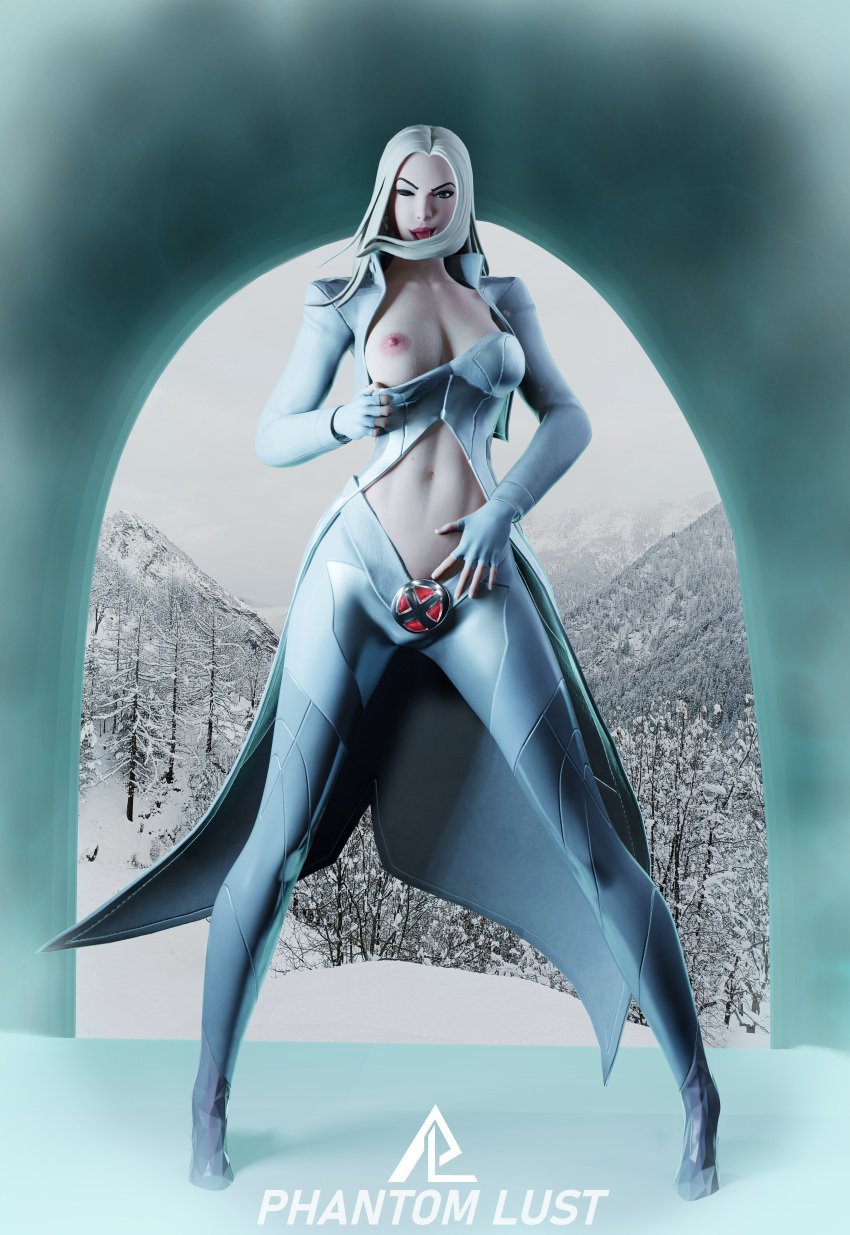 blue_eyes emma_frost emma_frost_(fortnite) fortnite fortnite:_battle_royale ice marvel marvel_comics mountain phantomlust semi_nude showing_ showing_off tall_female wet white_coat white_hair