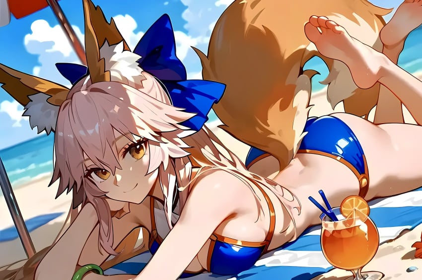 1girl ai_generated animal_ears animal_tail ass barefoot beach bikini breasts fate/grand_order fate_(series) feet female female_focus female_only fox_ears fox_tail hair_ribbon hands hat hi_res highres human large_breasts laying_down laying_on_stomach looking_at_viewer on_stomach pink_hair smile smiling soles tagme tamamo_no_mae_(fate) tamamo_no_mae_(swimsuit_lancer) thighs toes