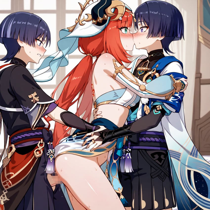 1girls 2boys ai_generated blushing clone clothed_sex duplicate female female_penetrated from_behind from_behind_position genshin_impact grabbing_from_behind grabbing_waist hat_guy hugging kissing kissing_while_penetrated long_hair making_out male male/female male_penetrating nilou_(genshin_impact) sandwiched scaramouche_(genshin_impact) sex side_view standing_sex threesome wanderer