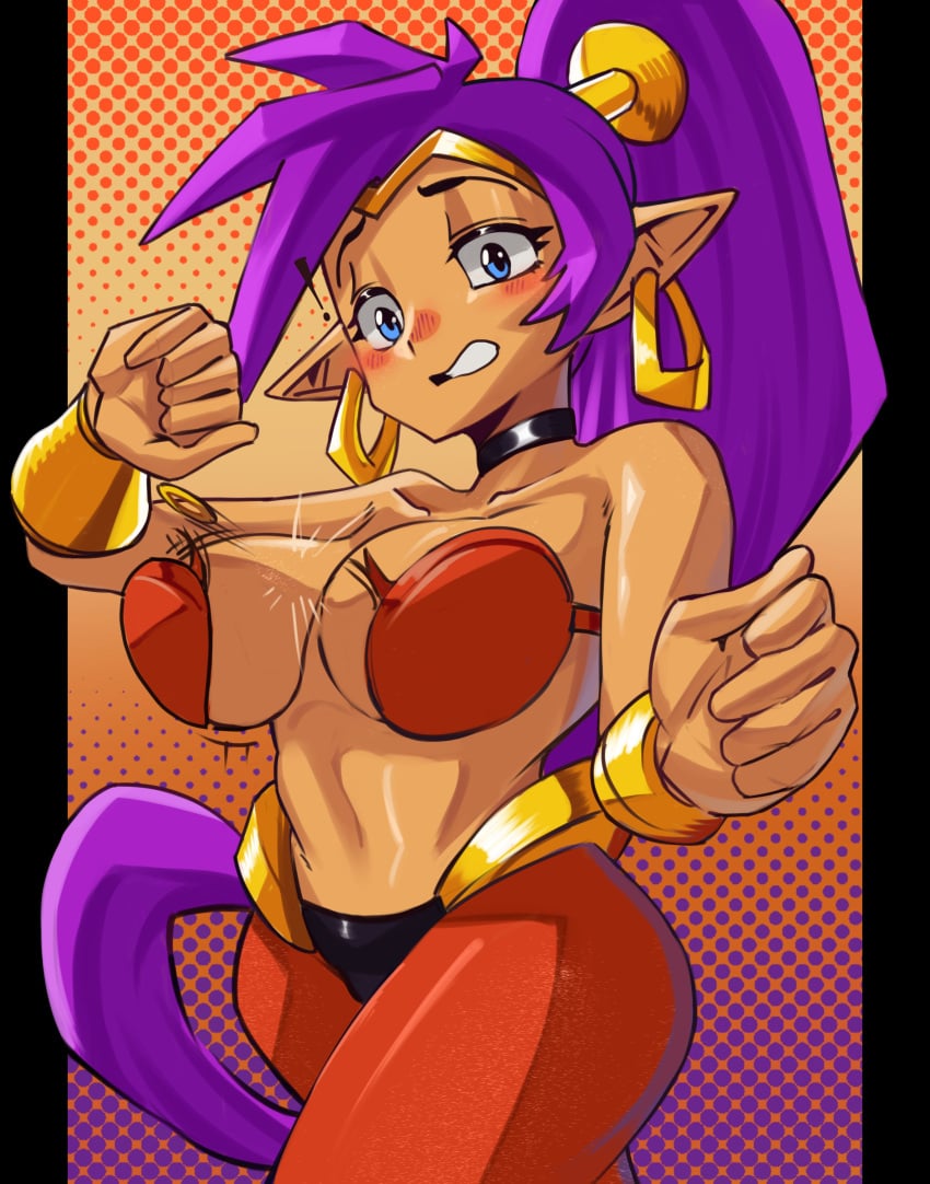 1girls absurdres arabian_clothes big_breasts big_hair blue_eyes bracer breasts bursting_breasts dancer dark-skinned_female dark_skin earrings female genie harem_pants highres hoop_earrings jewelry large_breasts midriff moxydrawsmore navel o-ring o-ring_top pants pointy_ears purple_hair shantae shantae_(character) solo tagme tiara wardrobe_malfunction