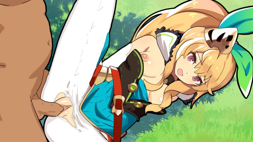 1boy 1girls blonde_hair breasts clothed_sex clothing dark-skinned_male dragalia_lost elbow_gloves elisanne female gloves hair_ribbon long_hair male nipples open_mouth penetration penis pussy sex spread_legs torn_clothes vaginal_penetration white_legwear 雪の影