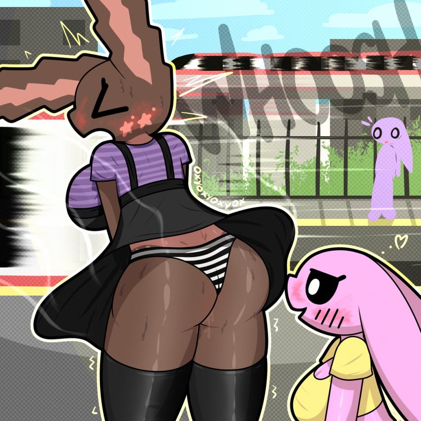 big_butt blush cinnamon_(oxyoxyoxyox) embarrassed female female_focus flashing indecent_exposure marshmallow_(oxyoxyoxyox) oxyoxyoxyox public_nudity sweat sweaty_butt train_station voyeur