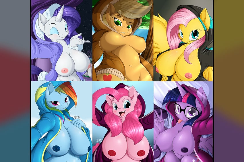 2016 alicorn anthro applejack_(mlp) breasts earth_pony equid equine female fluttershy_(mlp) friendship_is_magic furry hasbro horse my_little_pony nipples pegasus pink_hair pinkie_pie_(mlp) pony purple_hair rainbow_dash_(mlp) rainbow_hair rarity_(mlp) smile suirano twilight_sparkle_(mlp) unicorn