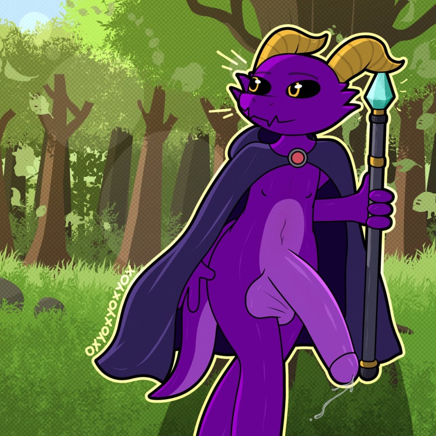 big_balls black_sclera cloak femboy forest horns huge_balls huge_cock hung_trap kobold oxyoxyoxyox purple_body scalie staff yellow_eyes