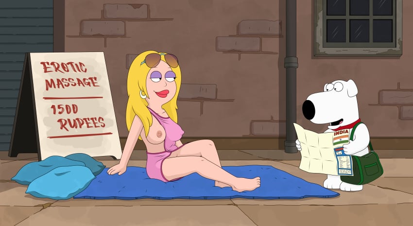 1boy 1girls 20th_century_fox 20th_century_studios 2d american_dad blonde blonde_hair blue_pillow breasts breasts_out brian_griffin brick_wall canine clothed clothed_female clothing crossover day detailed_background dog earrings erotic family_guy female floor francine_smith funny fuzzy_door_productions ground hoop_earrings in_public india indian_flag jewelry lipstick male map massage massage_therapist one_breast_out one_breast_out_of_clothes one_breast_visible outdoors pillow pink_clothing price pricelist purple_eyeshadow sign skinny skinny_female skinny_girl skinny_waist sunglasses sunglasses_on_head thin thin_female thin_waist wall white_dog window