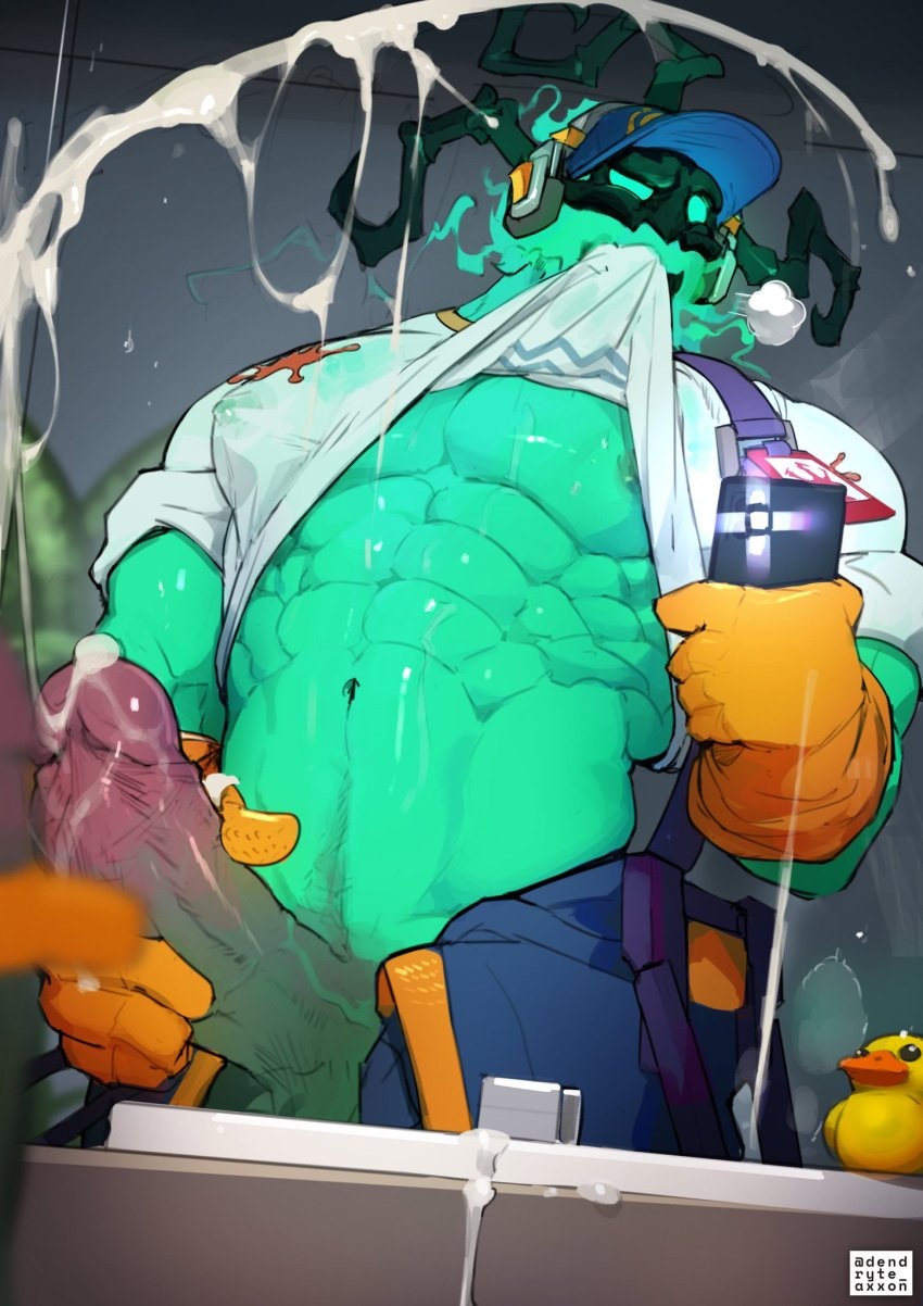 abs bara big_pecs cum cum_drip cumming dendryte_axxon erect_penis erection gay gloves handwear headphones holding_phone janitor_thresh league_of_legends male male_focus male_only masturbating masturbation mirror mirror_selfie muscular muscular_male nipples pecs penis penis_out riot_games selfie shirt_lift solo solo_male the_grind_series thresh uncensored veiny_penis