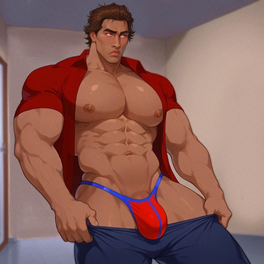 ai_generated avisgents barely_clothed male male_focus male_only marvel marvel_comics miguel_o'hara muscular muscular_male solo_male spider-man:_across_the_spider-verse thong underwear