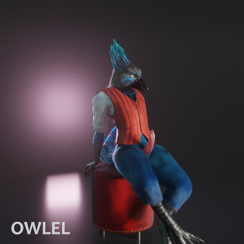 1:1 2020 3d anthro avian bird blender blue_body blue_feathers chair claws clothed clothing corvid erection feather_hair feathers furniture genitals hi_res jay_(bird) leaning leaning_back male male_only oscine owlel partially_clothed passerine penis presenting presenting_penis pseudo_hair scales shirt simple_background slit solo spread_legs spreading stellars steller's_jay tail_feathers tapering_penis topwear vest yellow_eyes