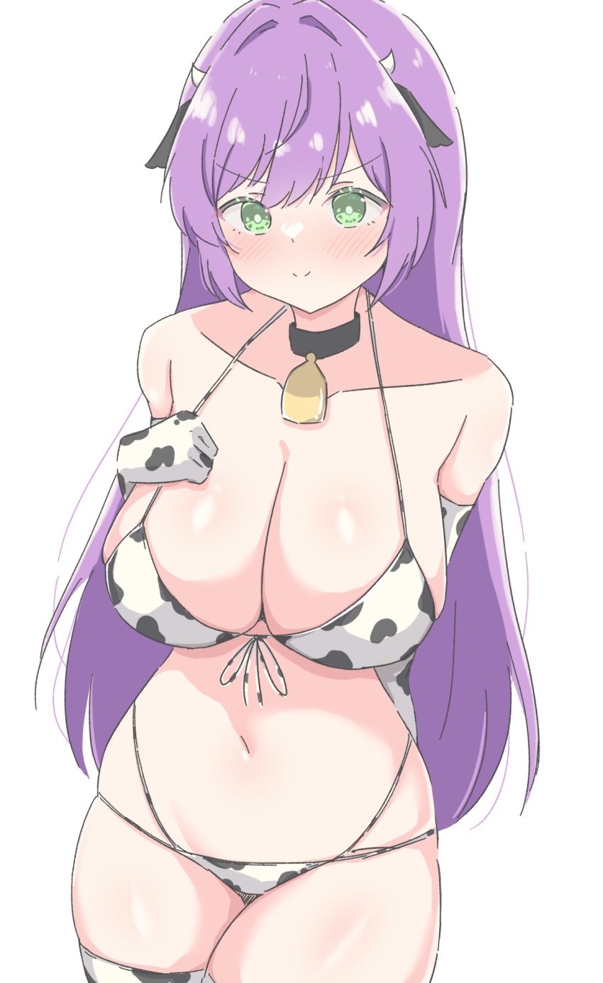 1girls :o animal_ears animal_print animal_print_bikini bad_id bad_twitter_id bell bikini blush breast_suppress breasts cleavage closed_mouth collarbone cow_ears cow_horns cow_print cow_print_bikini cow_print_gloves cow_print_thighhighs cowbell cowboy_shot elbow_gloves eyebrows eyebrows_visible_through_hair fake_animal_ears fake_horns front-tie_bikini front-tie_bikini_top front-tie_top gloves green_eyes hair_down horns large_breasts leaning_forward light_purple_hair link!_like!_love_live! long_gloves long_hair looking_at_viewer love_live! micro_bikini navel neck_bell otomune_kozue print_bikini print_gloves print_thighhighs purple_hair rokoroko_65 sidelocks simple_background smile solo solo_female split_mouth stomach swimsuit thighhighs twitter_link v-shaped_eyebrows virtual_youtuber white_background white_bikini white_gloves white_thighhighs