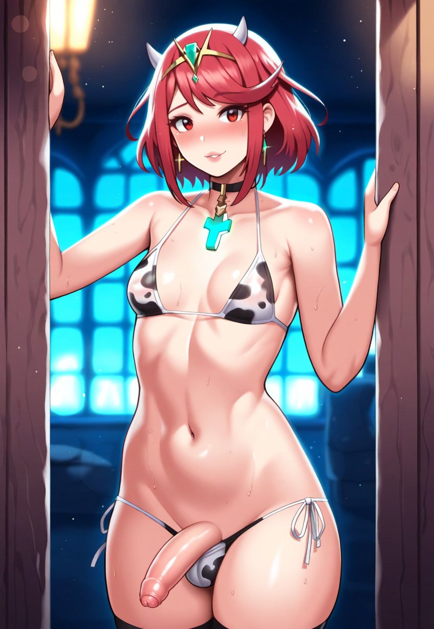 1futa ai_generated bikini chest_jewel core_crystal_(xenoblade) cow_print cow_print_bikini futanari gynomorph indoors lips nsfw penis pyra pyra_(xenoblade) red_eyes robofun rule_63 small_breasts solo thick_lips xenoblade_chronicles_2