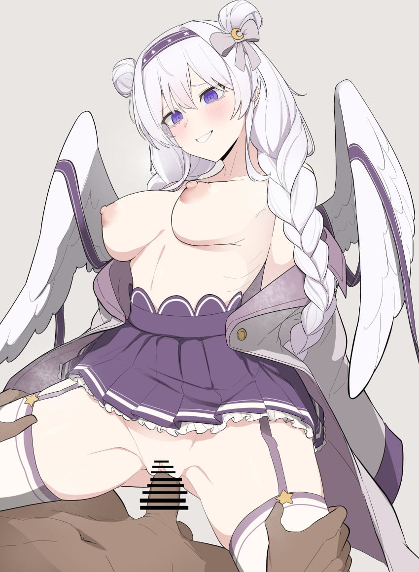 1boy 1girls areolae bar_censor big_breasts breasts censored clothing dark-skinned_male dark_skin elia_stellaria half-dressed light-skinned_female light_skin nipples penetration penis purple_eyes re1kirisaki342 sex skirt v-dere vaginal_penetration virtual_youtuber white_hair wings