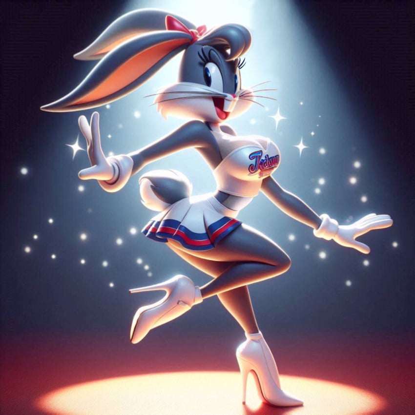 after_transformation ai_generated bugs_bunny busty cheerleader cheerleader_uniform genderswap_(mtf) high_heels looney_tunes miniskirt rule_63 space_jam twintails