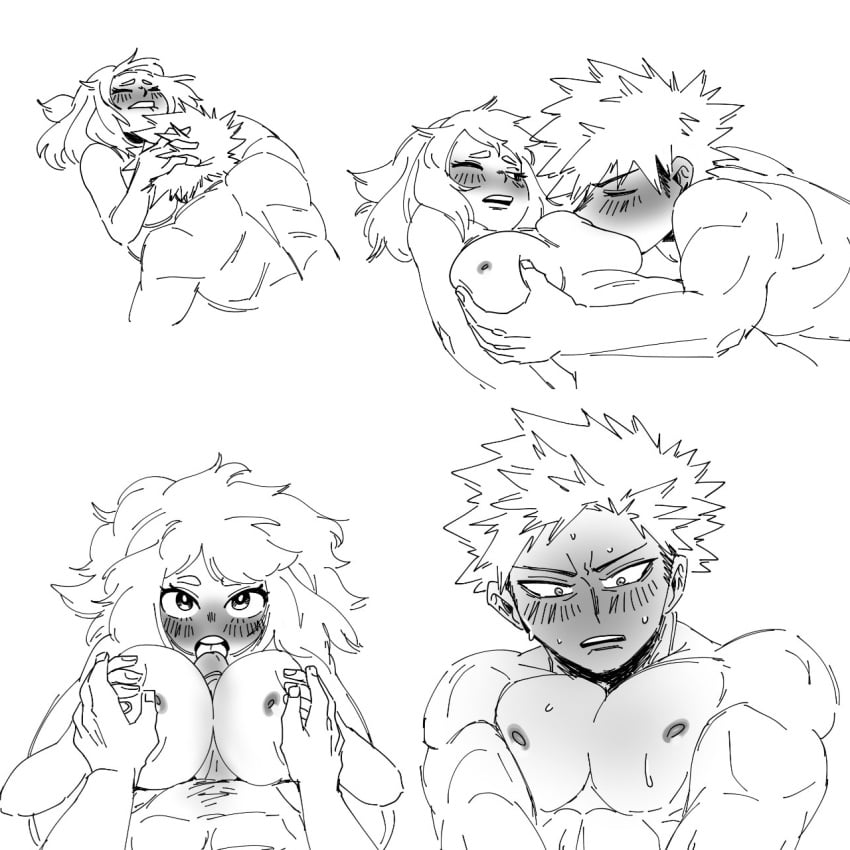 1boy 1boy1girl 1girls big_breasts biting_lip blush blushing_profusely breast_grab breast_squish breast_sucking breasts closed_eyes completely_nude duskume erection fellatio full-face_blush greyscale happy_trail holding_breast holding_hands holding_own_breast katsuki_bakugou large_breasts licking_penis looking_at_another looking_at_partner looking_pleasured lying lying_on_back male_pubic_hair monochrome muscular muscular_male my_hero_academia nipples ochako_uraraka one_eye_closed paizuri paizuri_fellatio penis penis_between_breasts pubic_hair pubic_hair_peek romantic romantic_couple spiky_hair straight sweat white_background