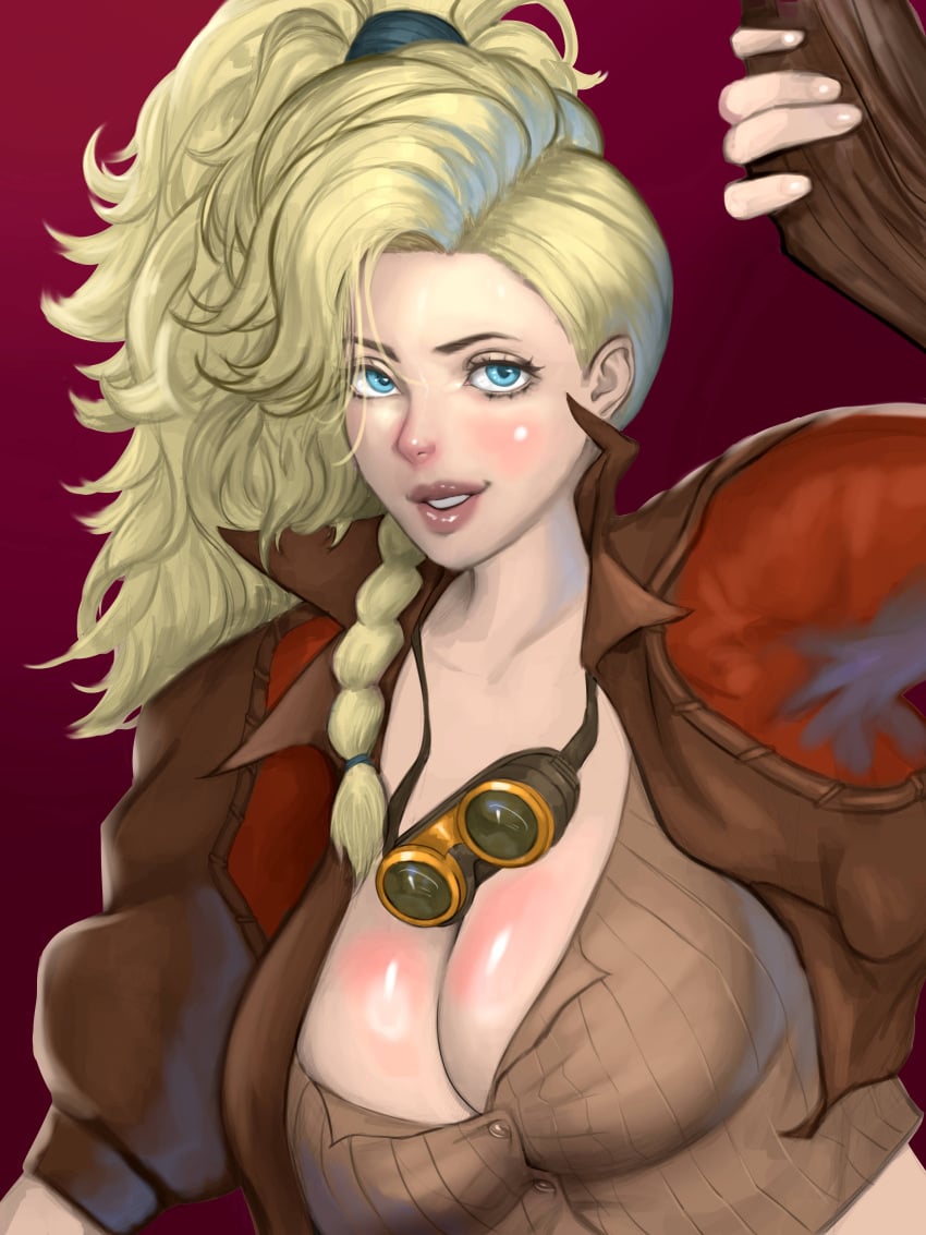 big_breasts blonde_hair cleavage female female_only gemma_(monster_hunter_wilds) goggles huge_breasts monster_hunter monster_hunter_rise monster_hunter_wilds palemancer smile