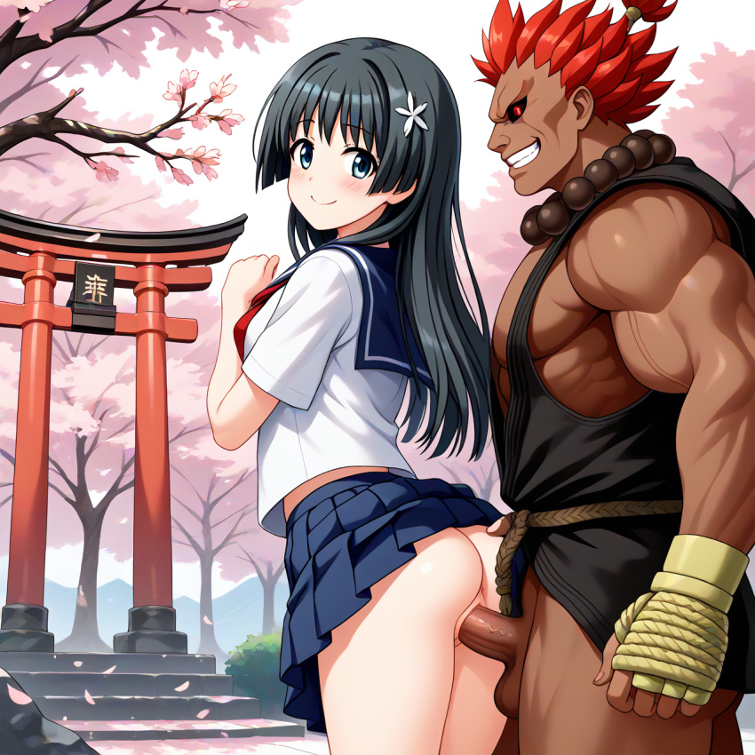 1boy 1girls age_difference ai_generated akuma anus ass black_hair blue_eyes blue_sailor_collar blue_skirt blush capcom cherry_blossoms crossover dougi fingerless_gloves flower gloves hair_flower hair_ornament leandroff5 long_hair muscular muscular_male no_panties outdoor_sex outdoors pleated_skirt prayer_beads red_eyes red_hair sailor_collar sakugawa_school_uniform saten_ruiko school_uniform self_upload sex shirt size_difference skirt sleeveless sleeveless_shirt standing_sex straight street_fighter to_aru_kagaku_no_railgun to_aru_majutsu_no_index torii torn_clothes torn_sleeves uncensored vaginal_penetration white_shirt