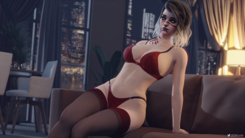 3d 3dmonte abs big_breasts fade_(valorant) female female_focus female_only lace-trimmed_bra lace-trimmed_panties lace-trimmed_thighhighs leaning_back lingerie looking_away on_couch sitting stockings stomach thick_thighs thighs valorant