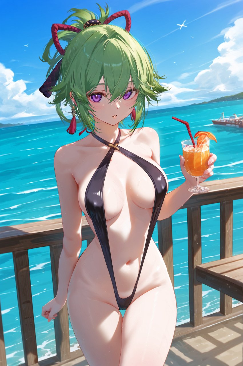 absurd_res ai_generated beach breasts cocktail genshin_impact green_hair kuki_shinobu medium_breasts ministro navel nipples swimsuit