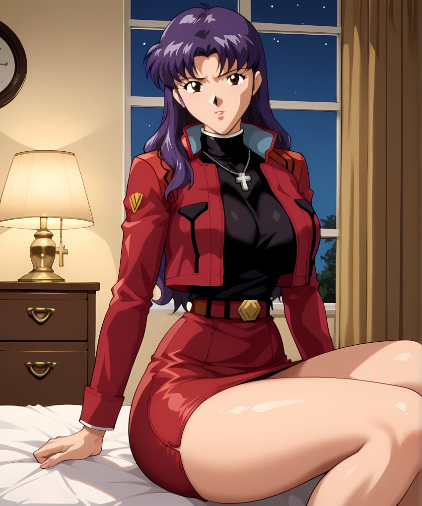 ai_generated bed bedroom bedroom_setting belt belt_buckle big_ass big_breasts big_butt black_shirt brown_eyes clothed clothing cross_necklace curves curvy curvy_female curvy_figure desk female female_focus female_only focus furniture jewelry lamp large_breasts lipstick long_hair long_legs misato_katsuragi necklace neon_genesis_evangelion purple_hair red_jacket red_skirt retair18 sexy_pose short_skirt skirt wide_hips window