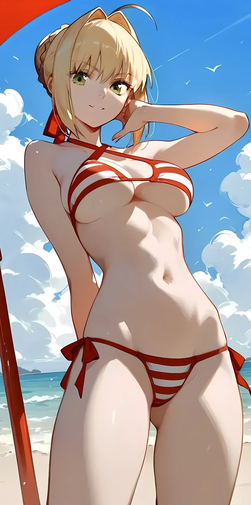 1girl ahoge ai_generated beach belly_button big_breasts bikini blonde_hair breasts fate/grand_order fate_(series) female female_focus female_only front_view hair hair_bun hair_ribbon hi_res highres human large_breasts looking_at_viewer nero_claudius_(fate) nero_claudius_(swimsuit_caster) smile smiling stomach tagme thighs underboob