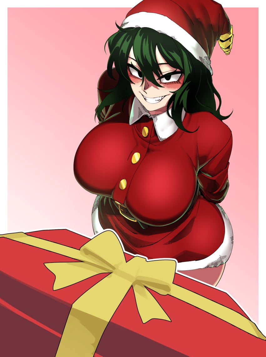 1girls ass ass ass_focus big_ass big_breasts big_butt bimbo black_panties breasts bubble_ass bubble_butt busty butt_focus christmas dat_ass detached_ass gift hello_(artist) highres huge_ass large_breasts looking_at_viewer my_hero_academia naughty_face naughty_smile panties pov santa_costume santa_hat sharp_teeth smile sweat thick_ass tokage_setsuna